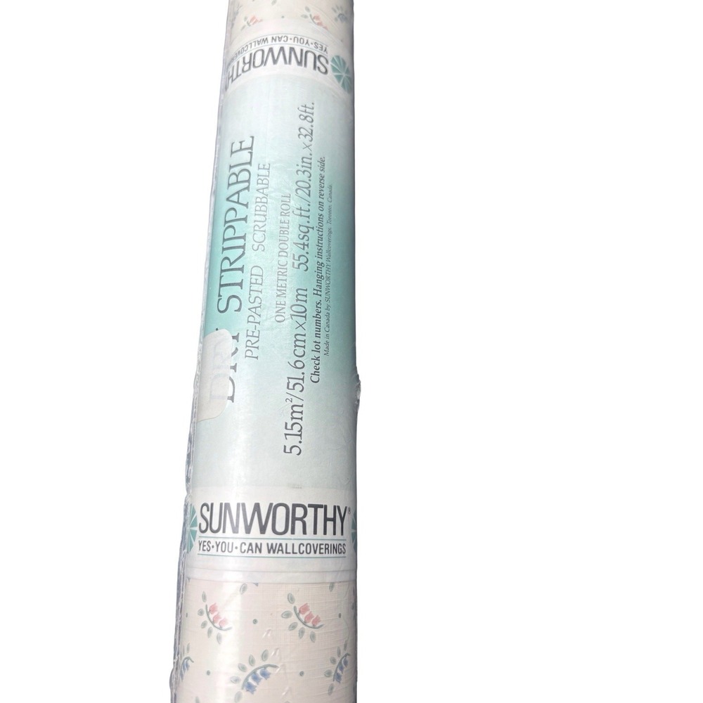x1 Roll Vintage Sunworthy Vinyl Wallpaper Floral Blue Pink Flowers Cottage‎ Core